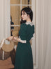 Exquisite Peacock Green Heavyweight Vintage Lace Asymmetrical High-Waist V-Neck Dress