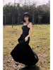 Embossed Black Long Dress New Chinese Style Pressed Flower Textured Irregular Heavy Work Spliced
