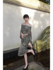 Misty Green Chinese Style One-Shoulder Bell Sleeve Set with Ink Wash Landscape Print
