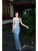 Orchid Vine Moonlit Skirt Classical Rhyme Blue Retro Tie-Dye Island Vacation Style Halter Dress