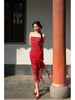 Red Silk Dragon Pattern Skirt Crimson New Chinese Classical Elegant Retro Strapless Waist-hugging Dress