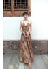 Withered Wood Smoke Field Skirt New Chinese Style Shibori Wabi-Sabi Original Waist Tie Backless Halter Maxi Dress