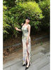 Green Bamboo Rhyme Grace Skirt Classical Blue Vine New Chinese Style Elegant Slit Irregular Strapless Long Dress