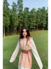 Brick Dirty Dyed Midi Skirt Flower Rain Dew Linen Texture Pleated Layered Waist Cinch Square Shoulder Waistband Dress