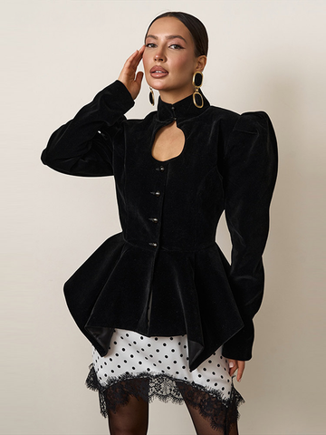 Elegant Black Women's Jacket Stand Collar Hollow Out Full Sleeve Waist-Closed Lady Coats Spring Chic Female Streetwear