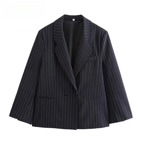 Blazers for Women Autumn Winter Loose Fine Stripes Long Sleeve Double-breasted Suits Jacket Chic Female Suit Coat