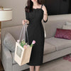Elegant Women Slim Knee-length Dress Square Neck 3/4 Sleeve Seamed Party Vestidos Casual Commute Solid Short Robe