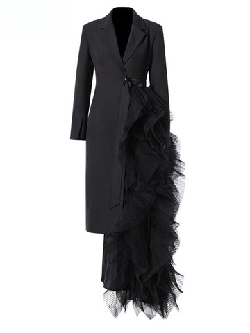 Women Black Irregular Mesh Big Size Long Elegant Blazer Lapel Long Sleeve Jacket Spring Autumn 7AB4743