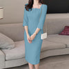 Elegant Women Slim Knee-length Dress Square Neck 3/4 Sleeve Seamed Party Vestidos Casual Commute Solid Short Robe