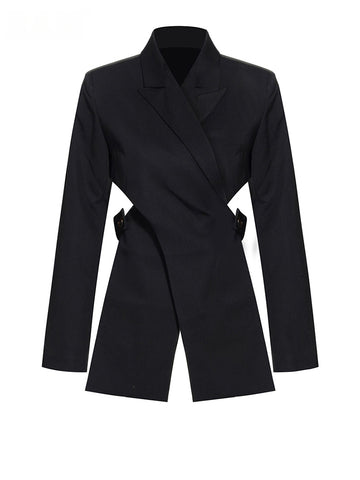 Women Black Cross Bandage Short Blazer Lapel Long Sleeve Loose Fit Jacket Tide Spring Autumn 1T126