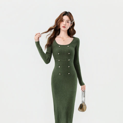Women's Long Sleeve Bodycon Knit Dress, Below-Knee Fitted Layering Dress for Fall Winter