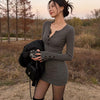 Women's Bodycon Knit Mini Dress, Fitted Waist Long Sleeve Layering Dress for Fall Winter