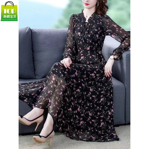Women's Plus Size Floral Chiffon Long Dress, Short or Long Sleeve Options for Spring Styling