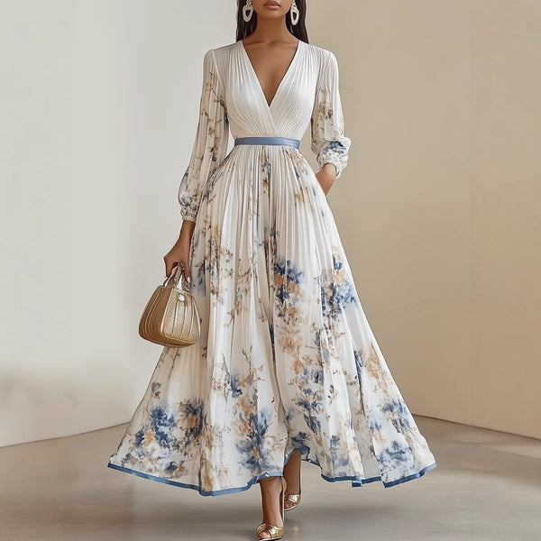 Women's Printed Maxi Dress, V Neck Long Sleeve Pleated Dress for Fall Winter