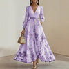 Women's Printed Maxi Dress, V Neck Long Sleeve Pleated Dress for Fall Winter