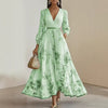 Women's Printed Maxi Dress, V Neck Long Sleeve Pleated Dress for Fall Winter