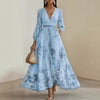 Women's Printed Maxi Dress, V Neck Long Sleeve Pleated Dress for Fall Winter