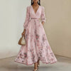 Women's Printed Maxi Dress, V Neck Long Sleeve Pleated Dress for Fall Winter