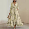Women's Printed Maxi Dress, V Neck Long Sleeve Pleated Dress for Fall Winter