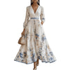 Women's Printed Maxi Dress, V Neck Long Sleeve Pleated Dress for Fall Winter