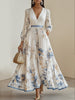 Women's Printed Maxi Dress, V Neck Long Sleeve Pleated Dress for Fall Winter