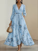 Women's Printed Maxi Dress, V Neck Long Sleeve Pleated Dress for Fall Winter