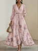 Women's Printed Maxi Dress, V Neck Long Sleeve Pleated Dress for Fall Winter