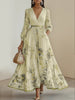 Women's Printed Maxi Dress, V Neck Long Sleeve Pleated Dress for Fall Winter