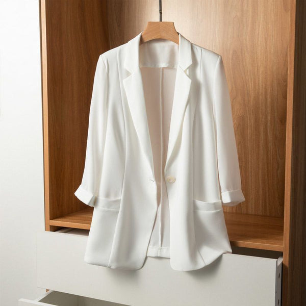 Women's Chiffon Blazer, Single Button Three-Quarter Sleeve Solid Color Suit Jacket for Casual Styling
