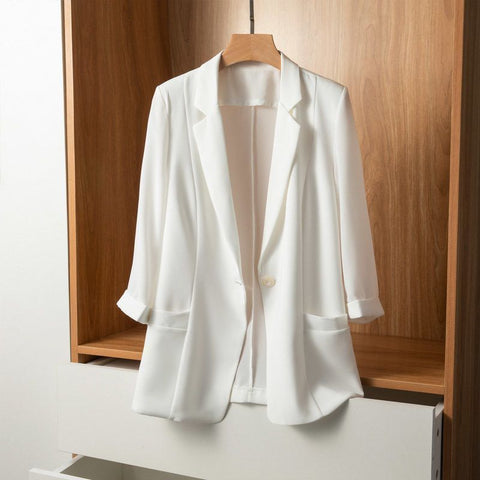 Women's Chiffon Blazer, Single Button Three-Quarter Sleeve Solid Color Suit Jacket for Casual Styling