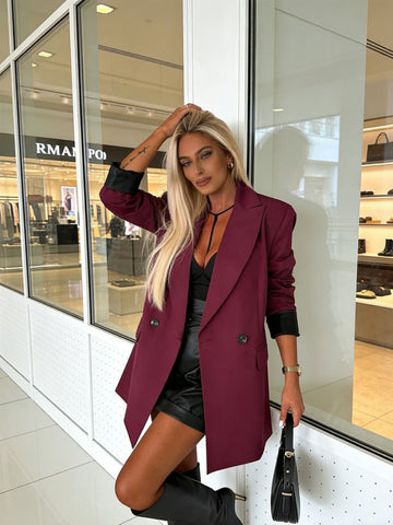 Women's Loose Fit Longline Blazer, Lapel Collar Suit Jacket with Cuff Button Detail for Workwear