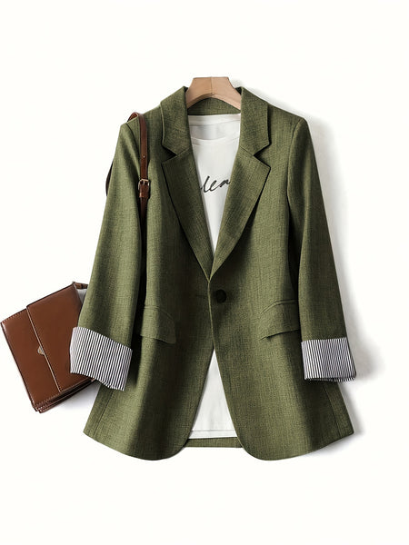 Women's Army Green Blazer, Single Button Lapel Suit Jacket with Striped Turn-Up Cuffs for Work Office