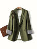 Women's Army Green Blazer, Single Button Lapel Suit Jacket with Striped Turn-Up Cuffs for Work Office