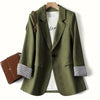 Women's Army Green Blazer, Single Button Lapel Suit Jacket with Striped Turn-Up Cuffs for Work Office