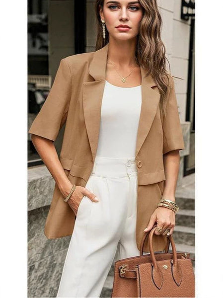 Women's Short Sleeve Blazer, Single Breasted Lapel Collar Loose Fit Suit Jacket for Work Office