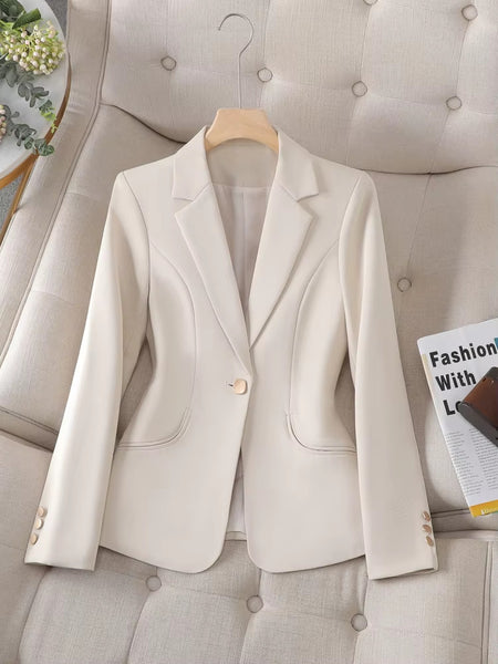 Women's Regular Fit Polyester Solid Color Suit Collar Long Sleeve One Button Blazer with Pockets Elegant Office Wear in Apricot