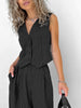 Women's Solid Color Polyester Striped Sleeveless Pants Two Piece Set with Wide Leg Pants for Street Style Spring in Black