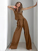 Women's Solid Color Polyester Striped Sleeveless Pants Two Piece Set with Wide Leg Pants for Street Style Spring in Black