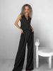 Women's Solid Color Polyester Striped Sleeveless Pants Two Piece Set with Wide Leg Pants for Street Style Spring in Black