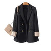 Women's Loose Fit Double Breasted Polyester Solid Color Suit Collar Office Style Jacket for Spring in Black