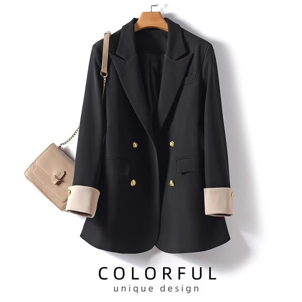 Women's Loose Fit Double Breasted Polyester Solid Color Suit Collar Office Style Jacket for Spring in Black