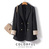 Women's Loose Fit Double Breasted Polyester Solid Color Suit Collar Office Style Jacket for Spring in Black