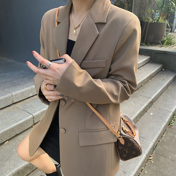 Women's Regular Fit Two Button Polyester Solid Color Suit Collar Long Sleeve Pocket Blazer for Office in Spring in Khaki