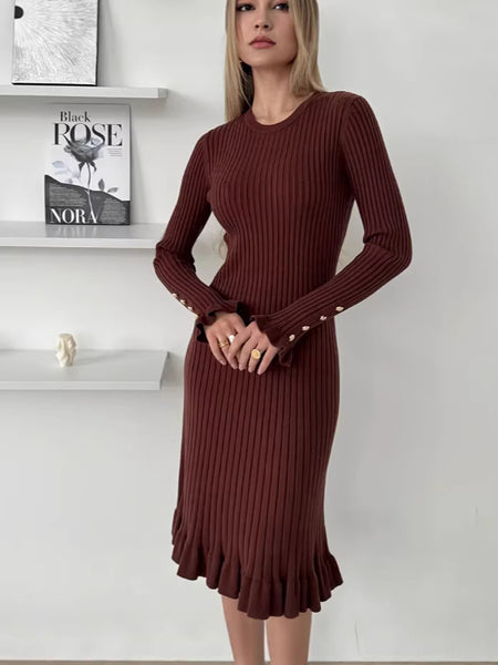 Women's Ribbed Knit Sweater Dress, Long Sleeves, Crew Neck and Fishtail Hem