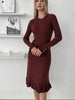 Women's Ribbed Knit Sweater Dress, Long Sleeves, Crew Neck and Fishtail Hem