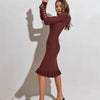 Women's Ribbed Knit Sweater Dress, Long Sleeves, Crew Neck and Fishtail Hem