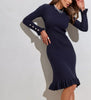 Women's Ribbed Knit Sweater Dress, Long Sleeves, Crew Neck and Fishtail Hem