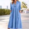 Women's Cotton-Blend Dress, Long Sleeves, V-Neck, Relaxed Fit and Pockets