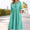 Women's Cotton-Blend Dress, Long Sleeves, V-Neck, Relaxed Fit and Pockets
