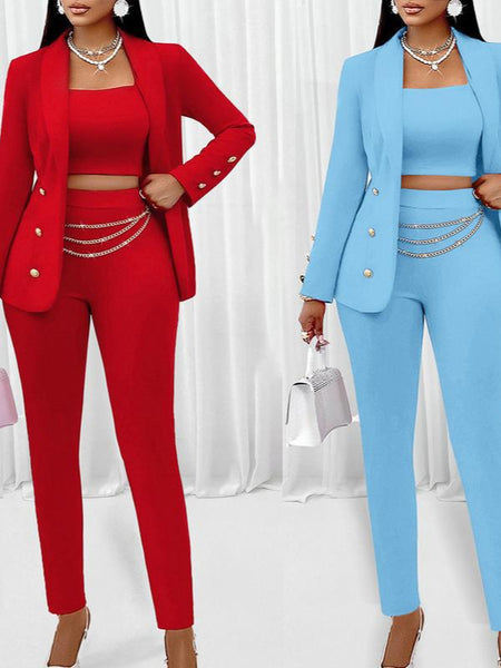 Women's Solid Color Roman Cotton Suit Set for Office Style in Red Summer Two Piece Outfit